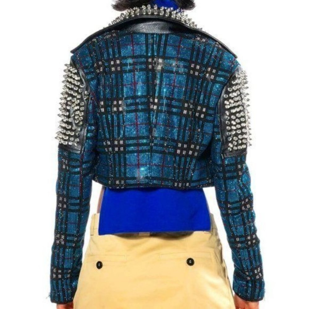 Callie Berry Bling: Teal Plaid Rhinestone Silver Studded Black Moto Jacket - Picture 4 of 12